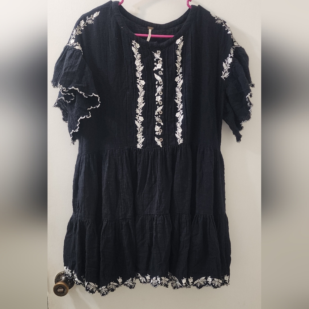 Free People Black Dress with White Embroidery, Size SP.